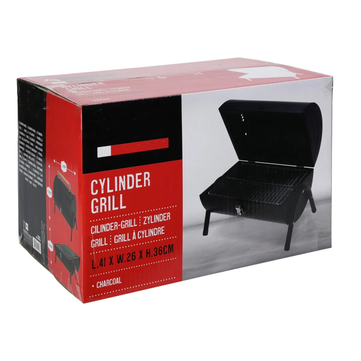 Barbacoa cilindro de metal negro mate con mango de madera y patas metálicas - Incluye 2 rejillas y 2 placas metálicas 38x24,5cm