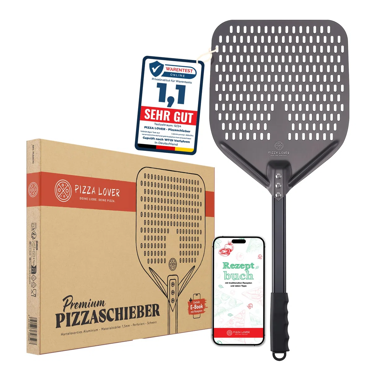 Pizza Lover Pala de pizza de premium perforada, 30 x 70 cm, de aluminio anodizado duro (antiadherente), para pizza casera, ideal para piedra de pizza, horno y barbacoa
