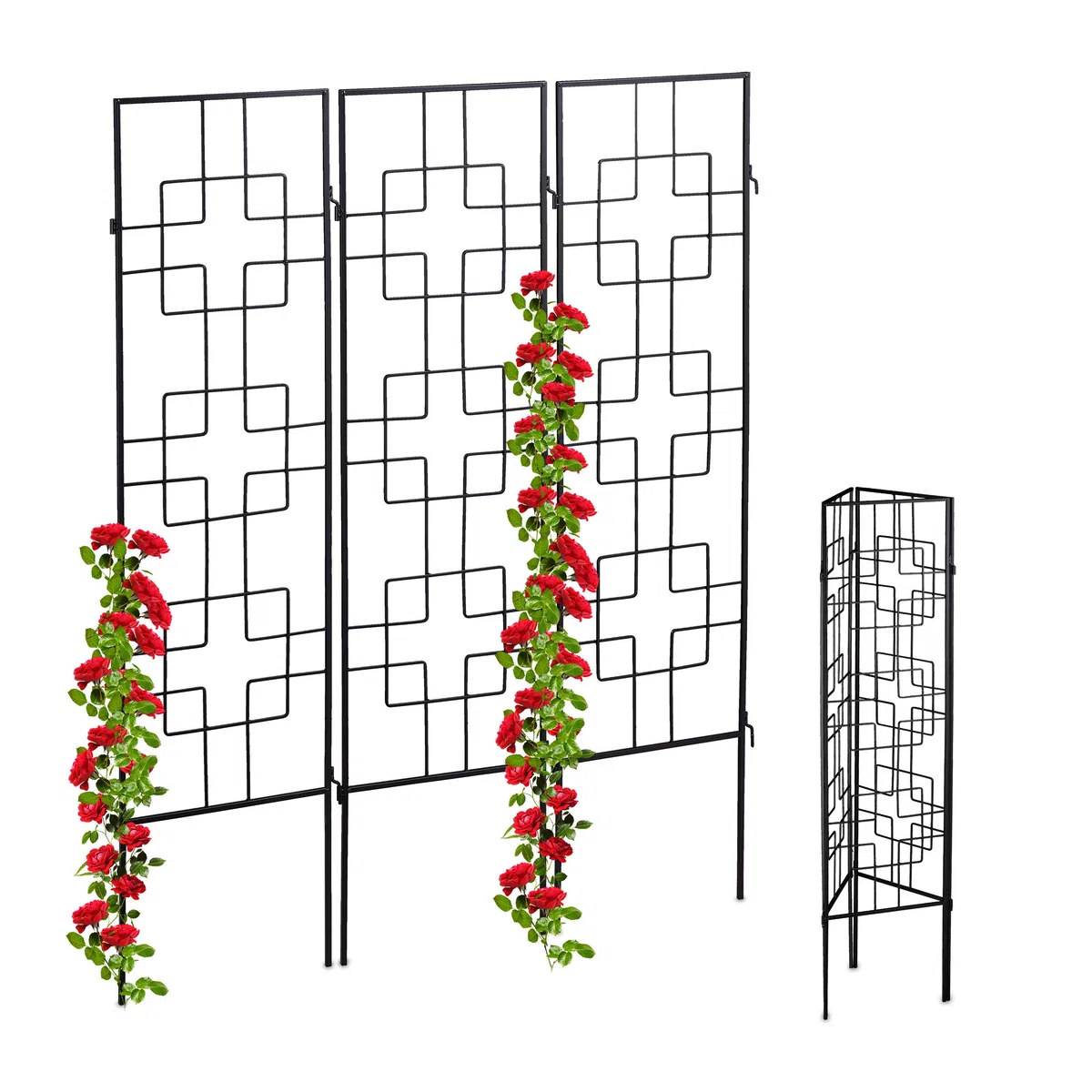 Relaxdays Soportes Plantas Metálicos, Set de 3, con Estacas, Enrejado para Trepadoras, 122 x 30,5 cm, para Jardín, Negro