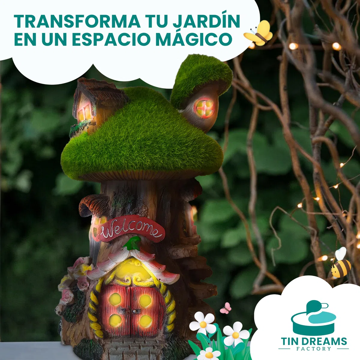 Casita de Hadas para Jardín con Luz Solar - Fairy Tree House en Resina - Decoración Exterior Jardín, Patio, Terraza - Adorno Mágico con Luz LED para Ambientes Encantados