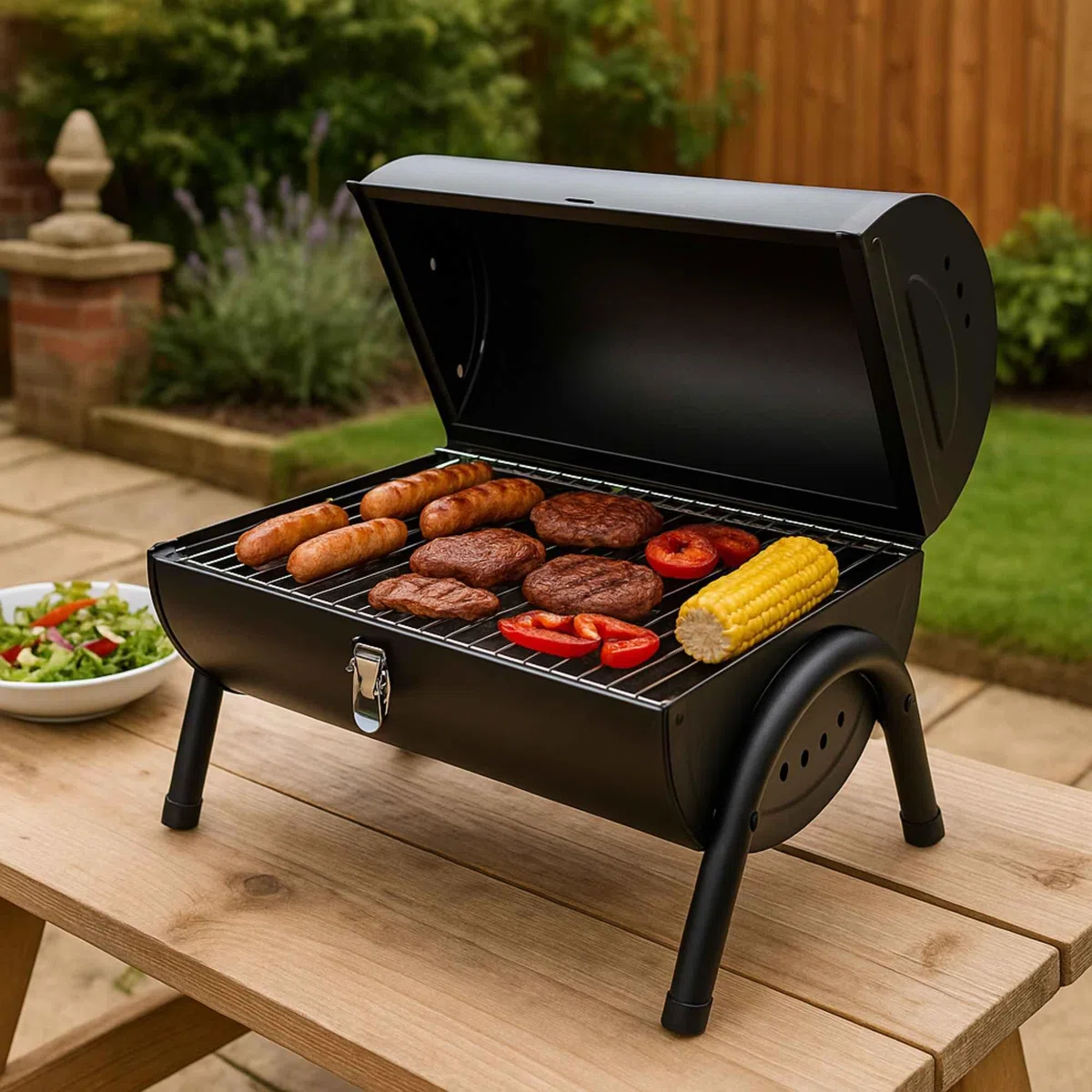 Barbacoa cilindro de metal negro mate con mango de madera y patas metálicas - Incluye 2 rejillas y 2 placas metálicas 38x24,5cm