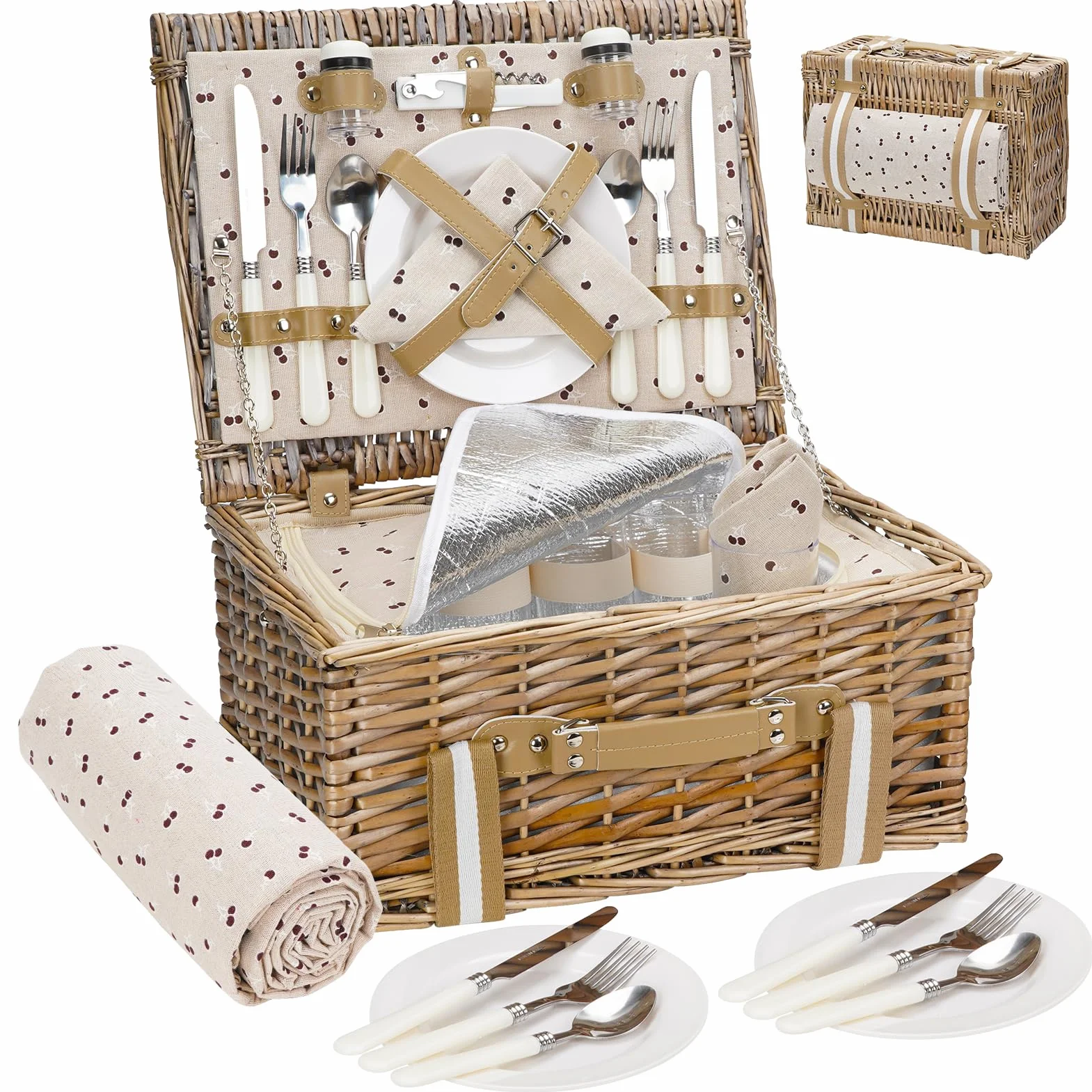 Juego de Cesta de Picnic Willow para 4 Personas con Bolsa térmica Grande y Manta Impermeable de Picnic, Cesta de Mimbre para Camping, al Aire Libre, día de San Valentín, Navidad, cumpleaños, etc.
