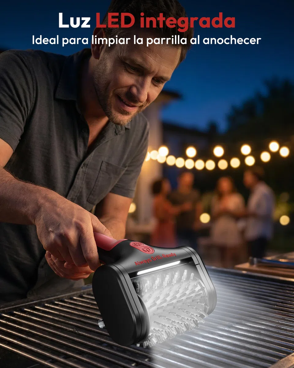 Cepillo eléctrico para barbacoas Yeeke, Limpiador eléctrico inalámbrico Recargable de Dos velocidades con batería de 4000 mAh, Cabezal de Acero Inoxidable 304 y luz LED, para barbacoas al Aire Libre