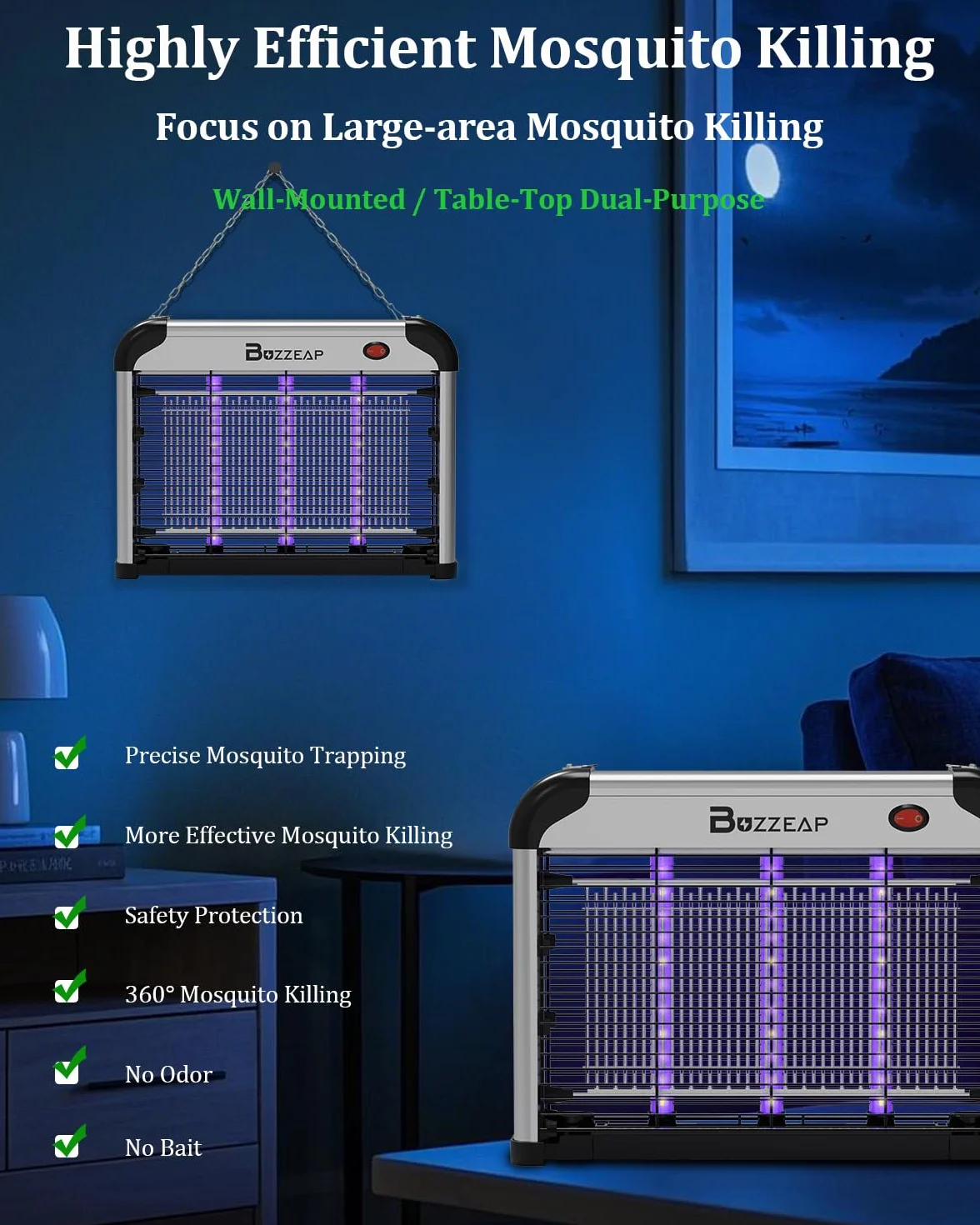 Lámpara Antimosquitos Eléctrica 4200V con Doble Onda UV 365+395nm - Matainsectos para Interiores Sin Químicos, Inodora, Trampa para Moscas y Mosquitos con Red Eléctrica