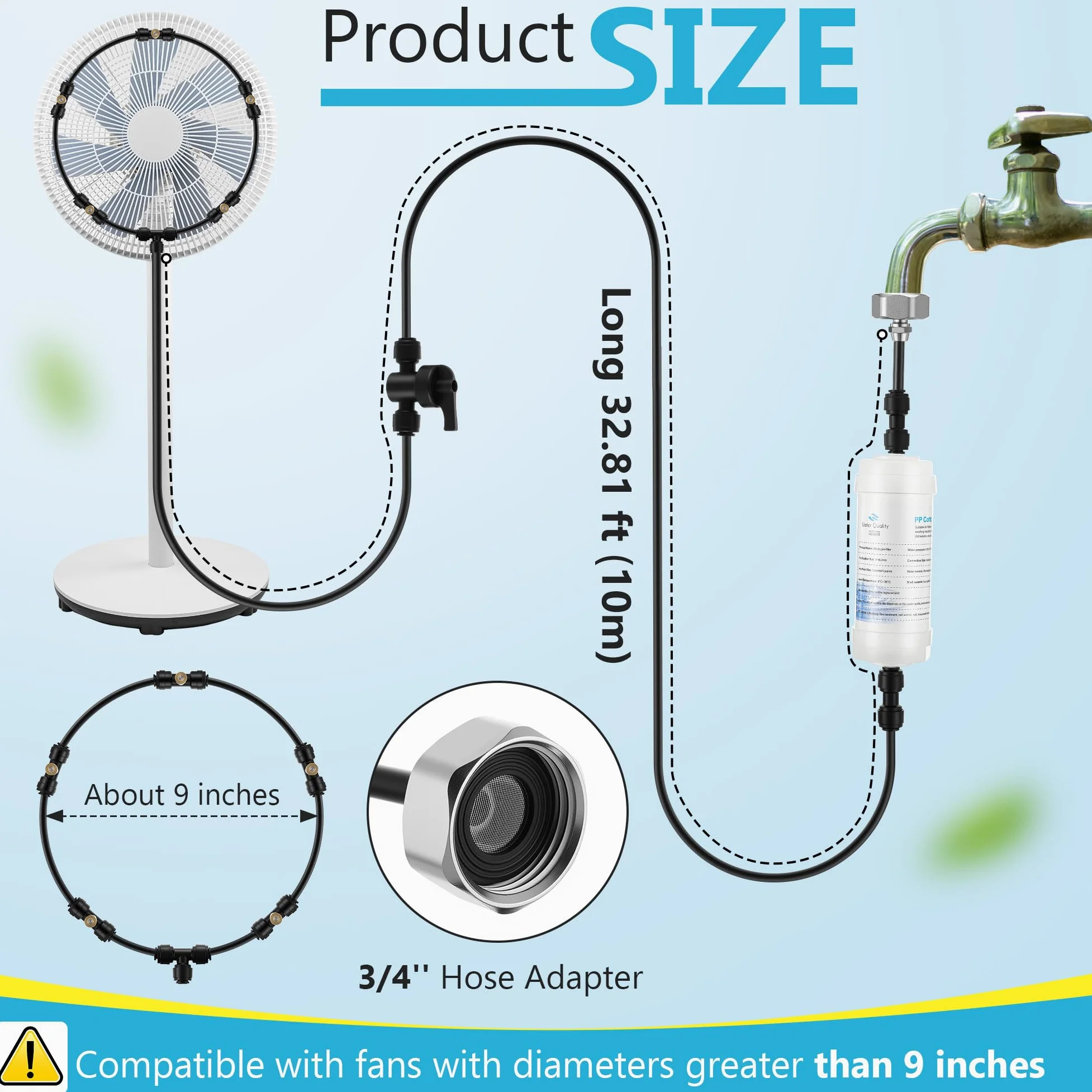 Enhon Kit de ventilador de nebulización para exteriores con filtros, línea de nebulización de 32.8 pies, 5 boquillas de latón, ventilador de refrigeración con válvula de interruptor para patio, jardín
