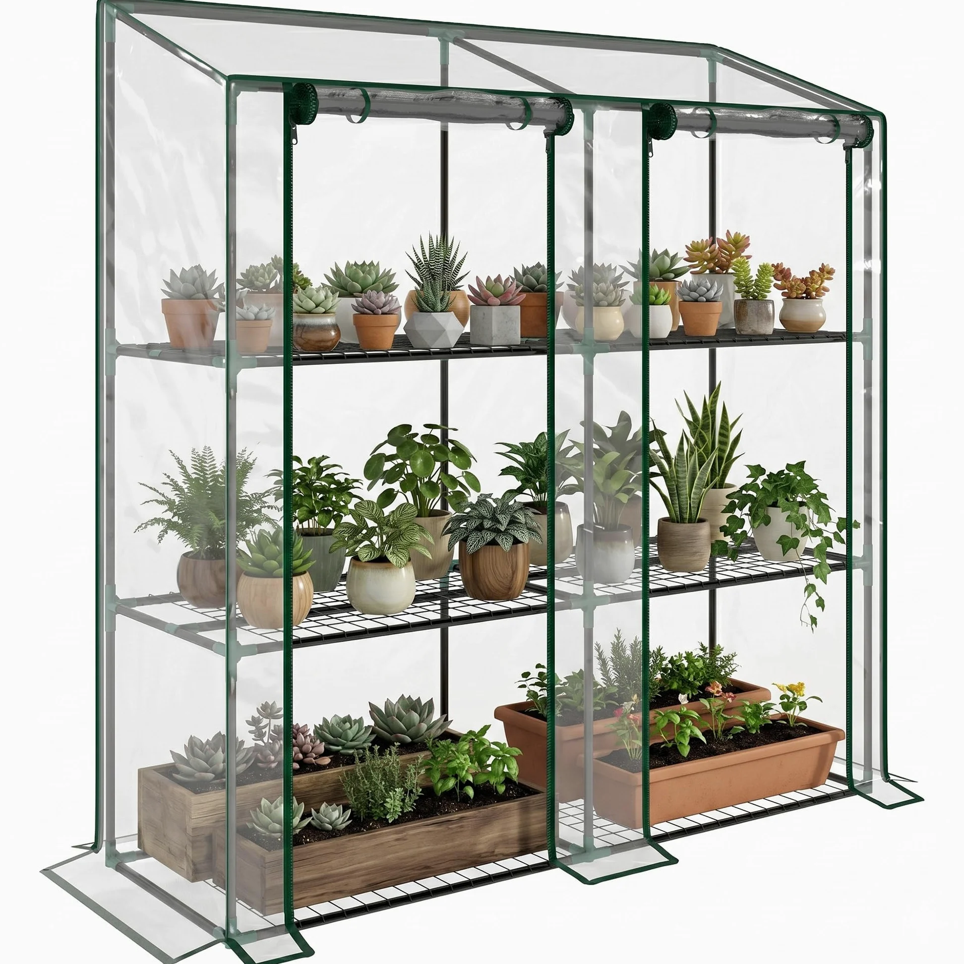 Outsunny Invernadero de Jardín de 3 Niveles Invernadero de Terraza con Estantes Techo Inclinado y 2 Puertas con Cremallera para Cultivo de Plantas en Patio 143x46x141/151 cm Transparente
