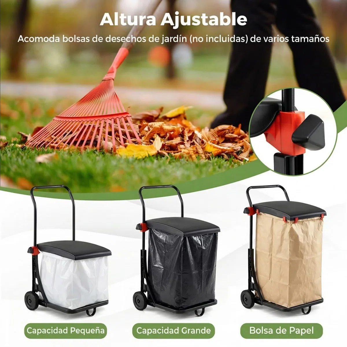 COSTWAY Carro para Bolsas de Basura, Carro Saco Jardín con Ruedas, Tapa con Altura Ajustable, Estructura de Metal, para Interior y Exterior, Soporte para Bolsas de Basura para Césped, Residuos