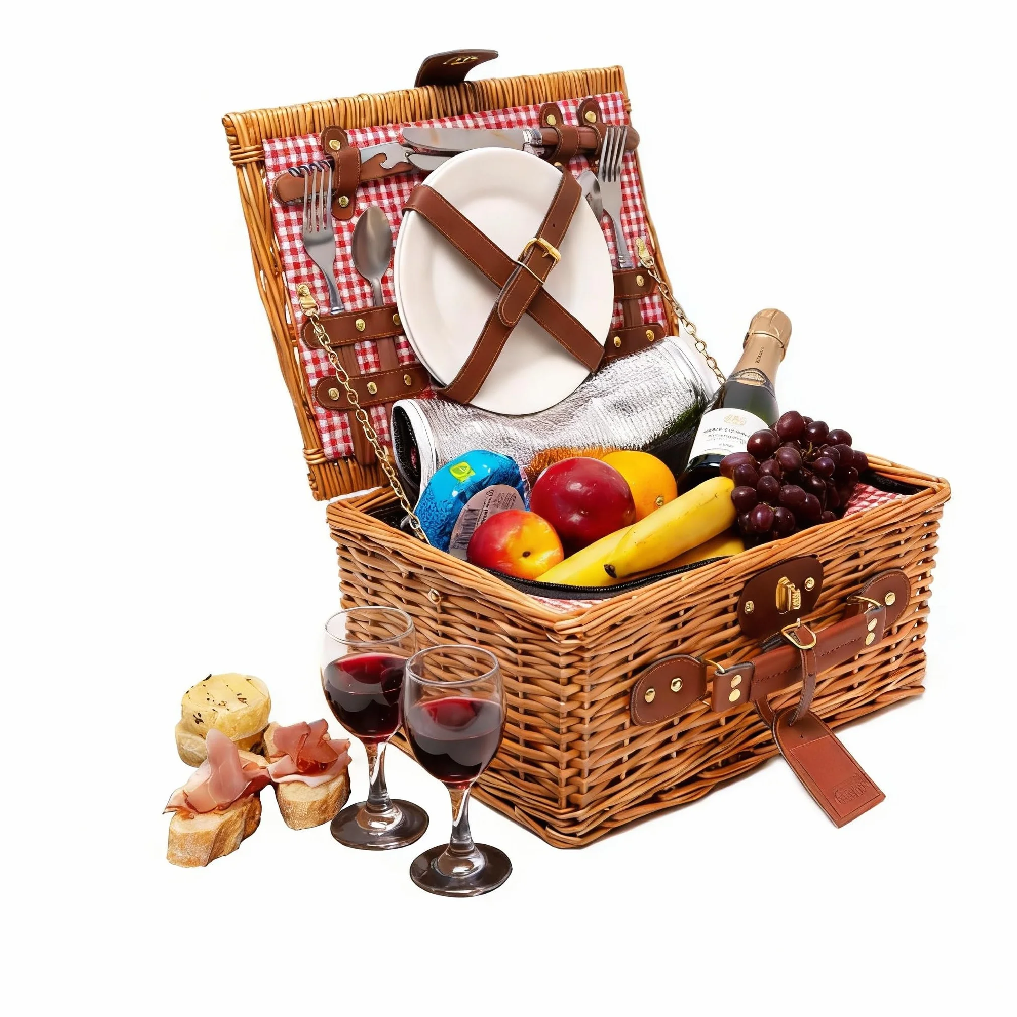 Cesta de Picnic de Mimbre para 2 Personas con Bolsa Térmica y Vajilla Completa – Platos de Cerámica, Copas de Vidrio y Cubiertos de Acero Inoxidable