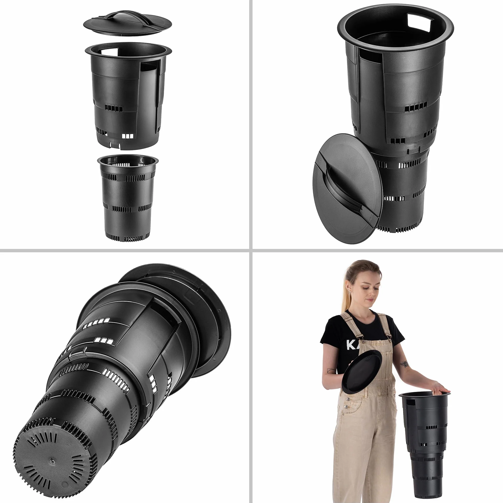 KADAX Compostador de plástico para jardín subterráneo, compostador de compostaje sin olor, cubo de compost para hacer abono, contenedor de compost con orificios de ventilación (negro, 6 unidades)