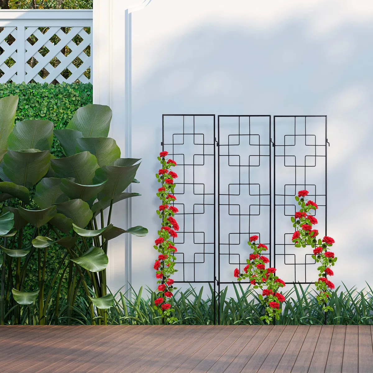 Relaxdays Soportes Plantas Metálicos, Set de 3, con Estacas, Enrejado para Trepadoras, 122 x 30,5 cm, para Jardín, Negro
