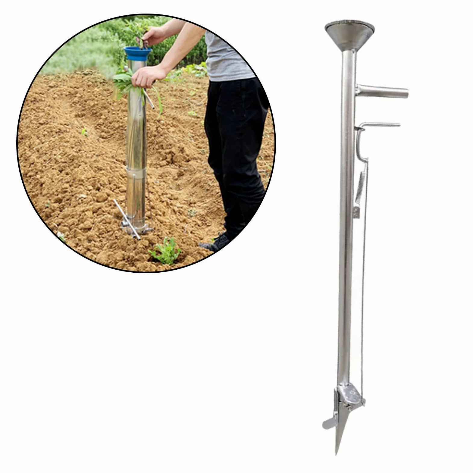 Sembradora de Jardín Plantador Manual Sembradora de Hortalizas Herramienta de Siembra Y Fertilización Material Resistente Adecuada para Domés, Longitud 93cm