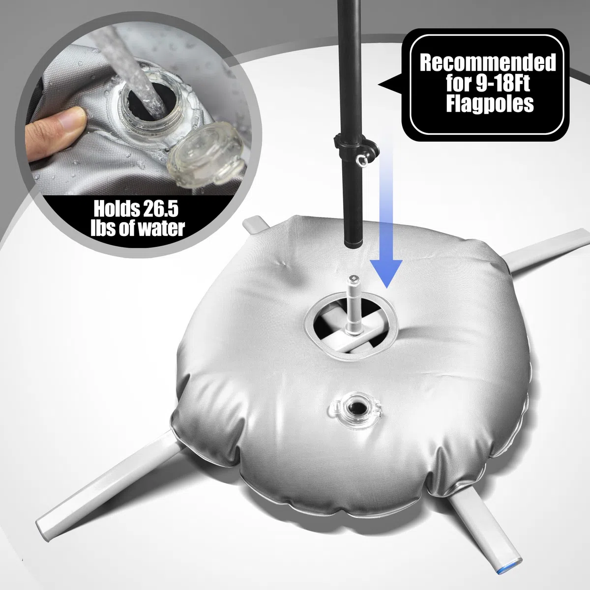Anley Base de suelo plegable con bolsa de agua - Se adapta a mástil de bandera de plumas con un diámetro interior de 0,65" - Soporte de acero inoxidable con bolsa de peso redonda para- Solo base