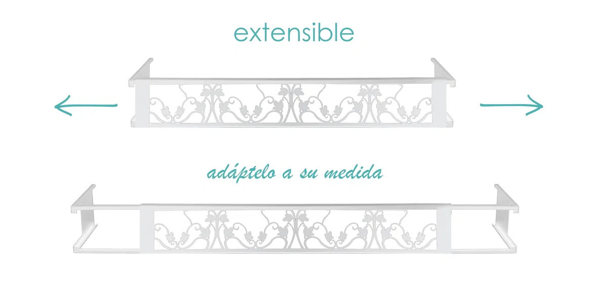 Balconcillo para Macetas, Balconcillo para Plantas, Portamacetas Ventana, Protector de macetas, Modelo Floral Extensible 100-140 cm, Blanco