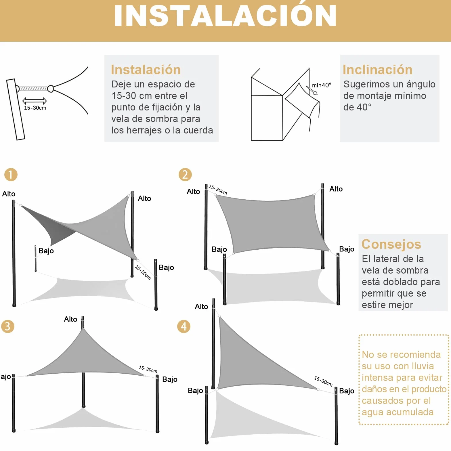 AXT SHADE Toldo Vela de Sombra Rectangular 3x4m Protección Rayos UV y HDPE Transpirable para Exterior Terraza Patio Jardín-Arena