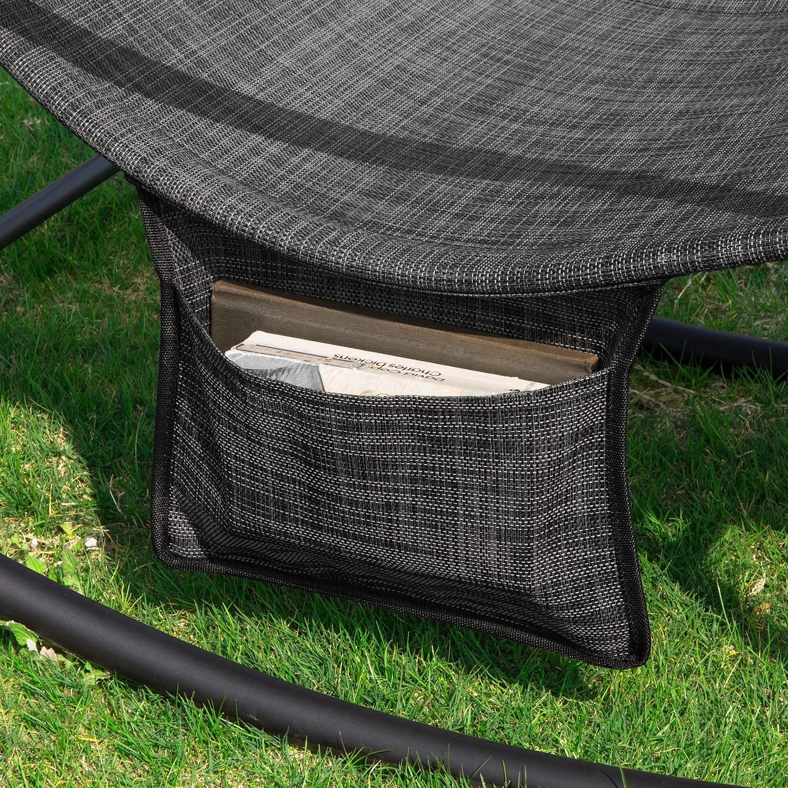SoBuy Tumbona Mecedora de Jardín Silla Playa con Bolsillo Lateral Sun Lounger Silla de Playa y Terraza para Camping, Patio o Piscina Negro/Gris 143x57x85 cm OGS47-MS