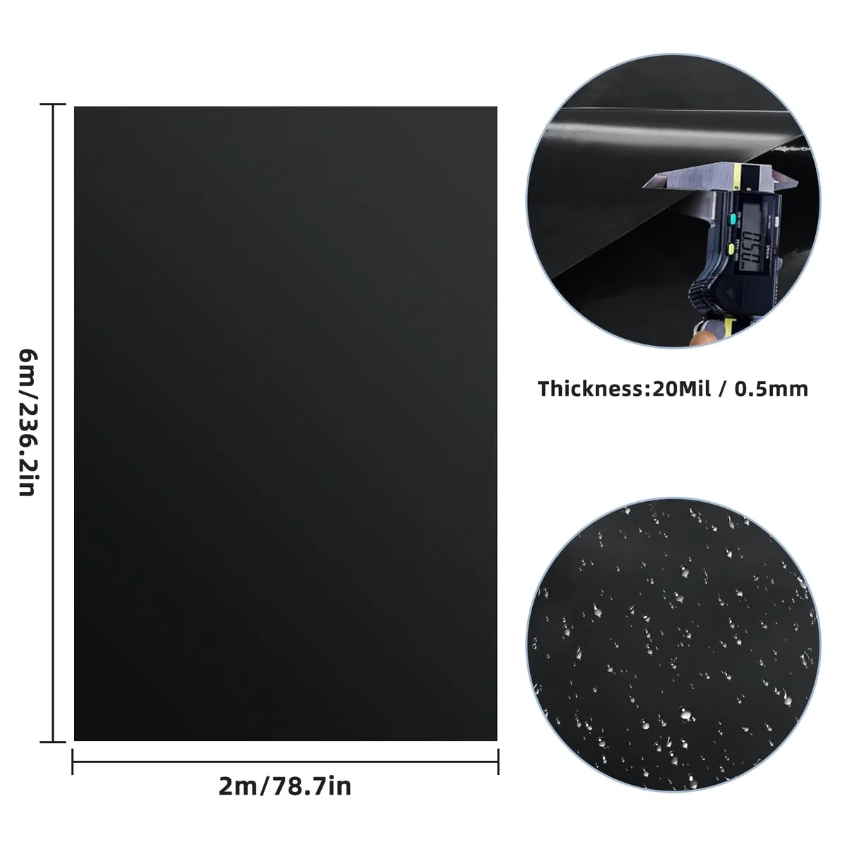 Lámina para estanque de 2 x 6 m, grosor de 0,5 mm, color negro, HDPE para estanques, para estanques de peces, fuentes, estanques de agua, cascada, estanque de jardín