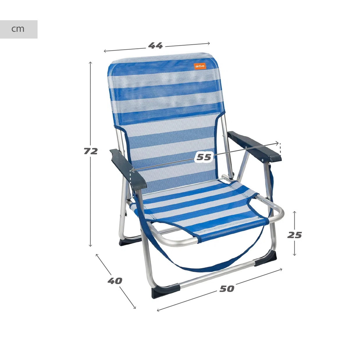 AKTIVE Pack 2 sillas Playa Plegables, Azul y Blanco, De textileno y Aluminio, Respaldo Fijo, 44x40x72 cm, con asa Hombro y topes antivuelco, Máximo 100 kg, Ligeras y Resistentes, Asiento bajo (85466)