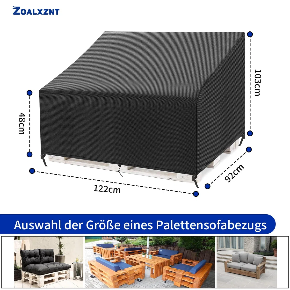 Funda Sofa Palets Exterior Impermeable，Funda Protectora Palet con Cordón， Hebilla Ajustable， Cubierta de Sofá Palet 420D Oxford (122*92*48/103cm,Negro)