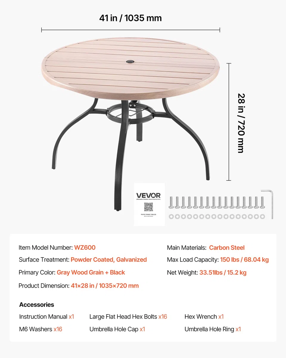 VEVOR Mesa de Patio para Jardín y Balcón, Redonda, de Acero al Carbono, para Exteriores, Patio, Terraza, Impermeable, con Orificio para Sombrilla y Veta de Madera, Carga 68 kg, 1035 x 720 mm