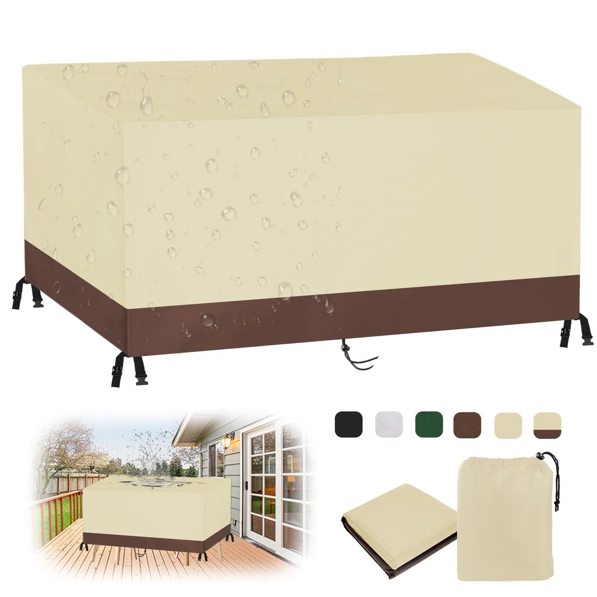 Fundas para Muebles de Jardín, Impermeable Anti-UV Cubierta Mesa Exterior 420D Oxford Rectangular Funda Protección para Muebles-BeigeBrown||160x95x75cm/63x37x30in