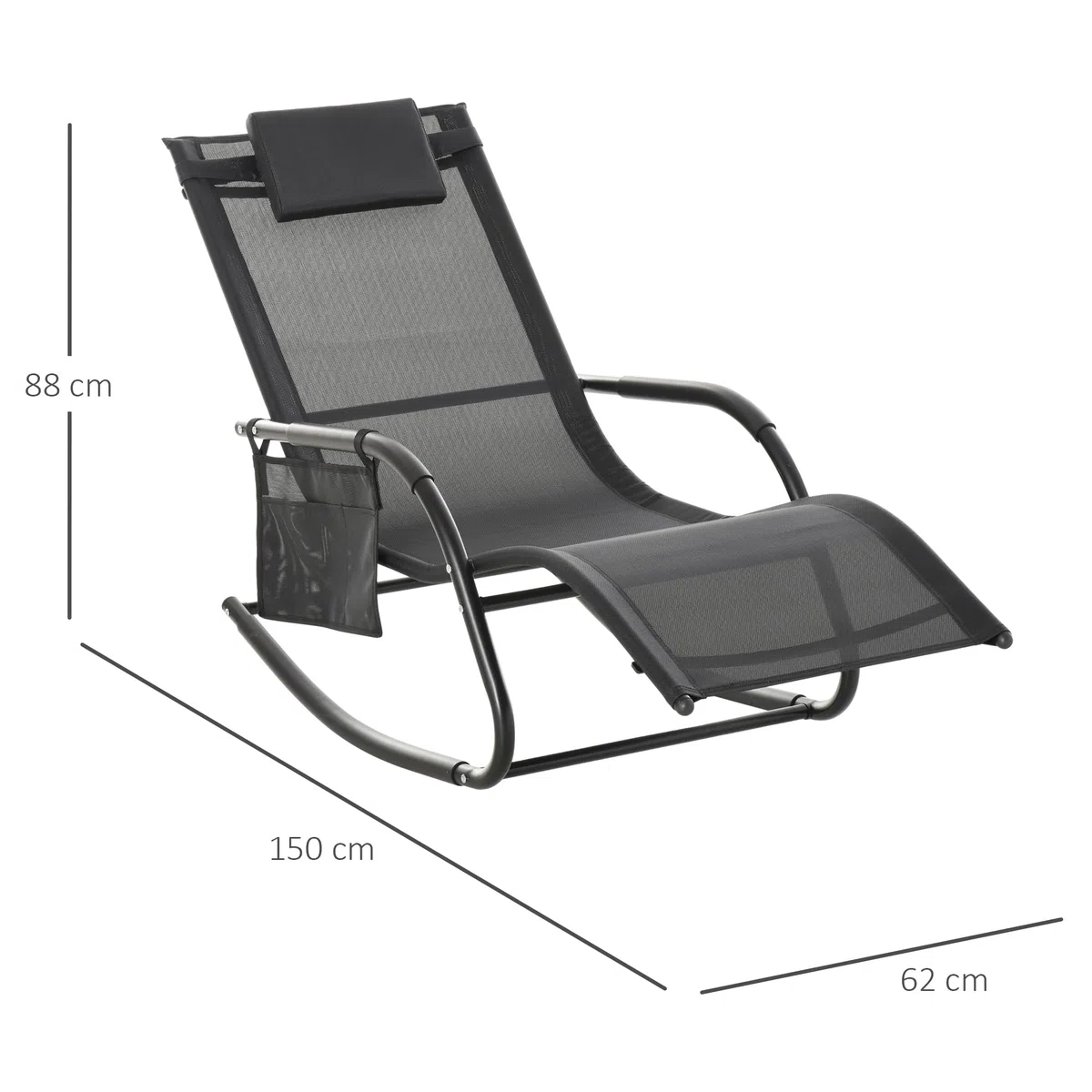 Outsunny Mecedora de Exterior Tumbona Mecedora con Reposabrazos Reposacabezas Acolchado y Bolsillo Lateral Carga 120 kg para Jardín Terraza Patio 150x62x88 cm Negro