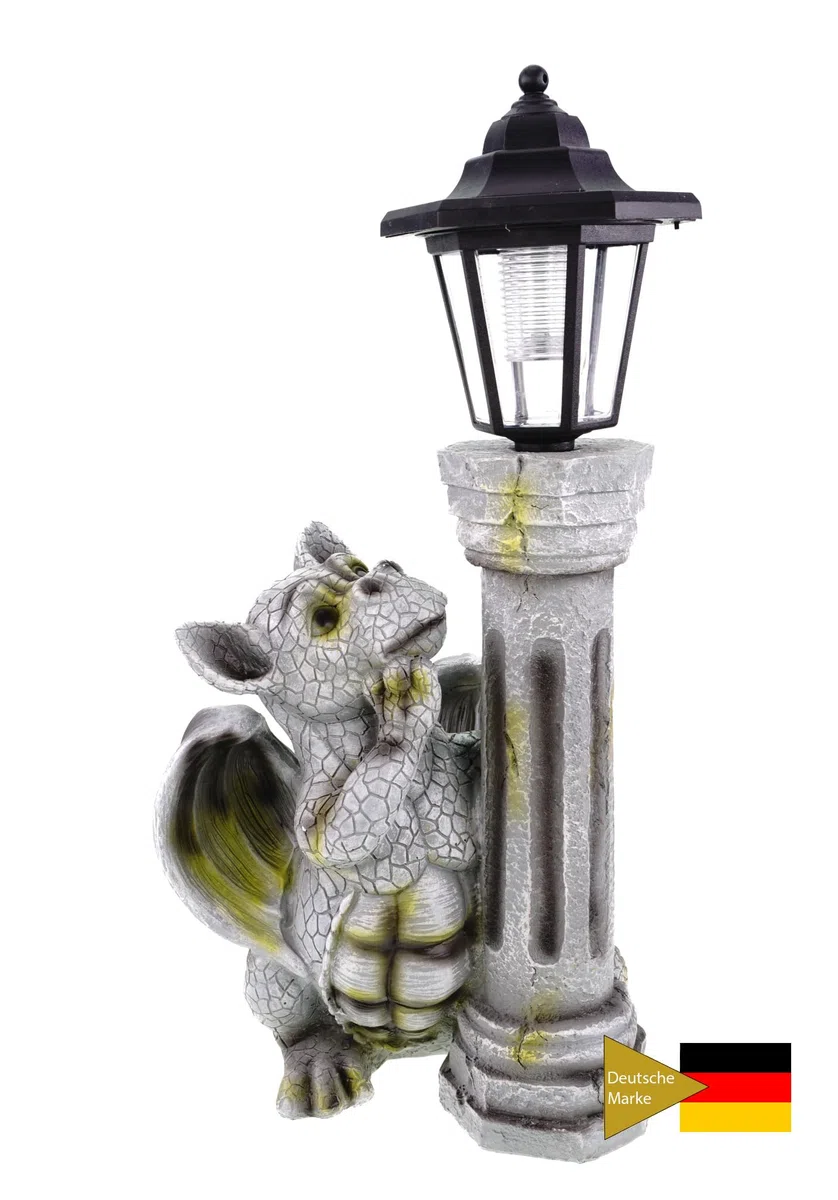 Kremers Schatzkiste Niño Dragón con Linterna Solar 44,5 cm Figura de Dragón Gárgola de Jardín