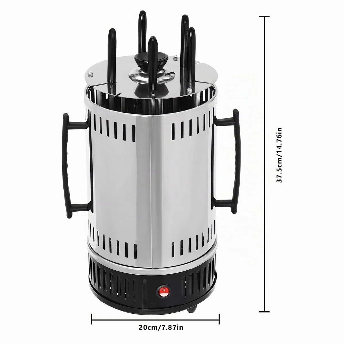 Barbacoa eléctrica vertical de acero inoxidable, parrilla giratoria de 1000W para el hogar, parrilla redonda con 5 pinchos, mangos y bandeja para goteo de aceite, Negro, Plata