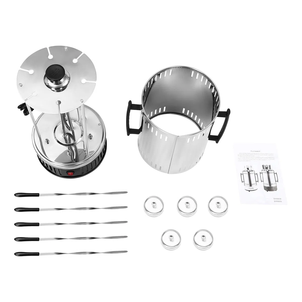 Barbacoa eléctrica vertical de acero inoxidable, parrilla giratoria de 1000W para el hogar, parrilla redonda con 5 pinchos, mangos y bandeja para goteo de aceite, Negro, Plata