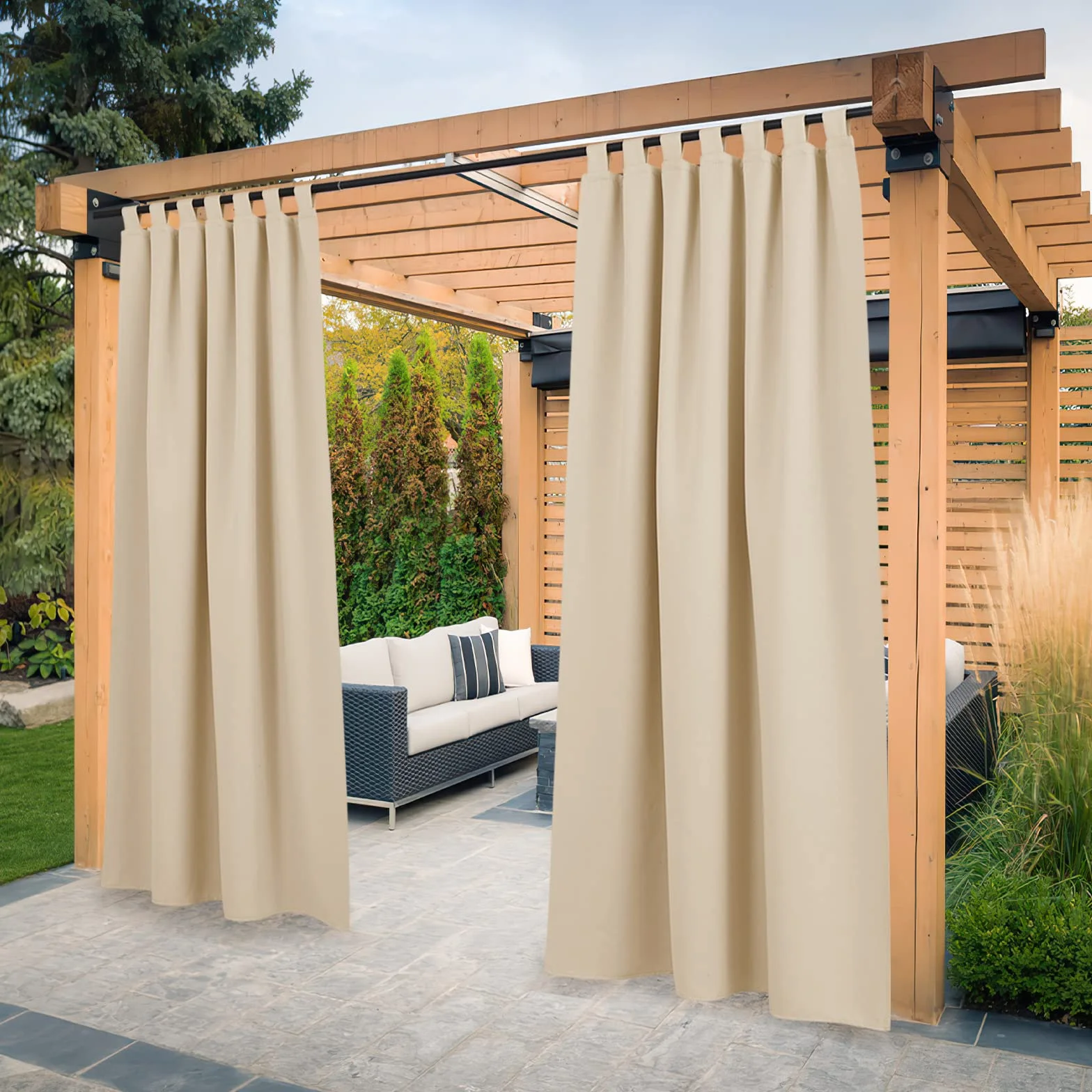 PONY DANCE Cortinas Exterior Terraza Impermeable con Trabillas Adhesivas, Cortinas Opacas Aislantes Luz para Patio/Porche/Jardin/Balcon 2 Piezas,132x274cm(AnxAl),Beige Oscuro