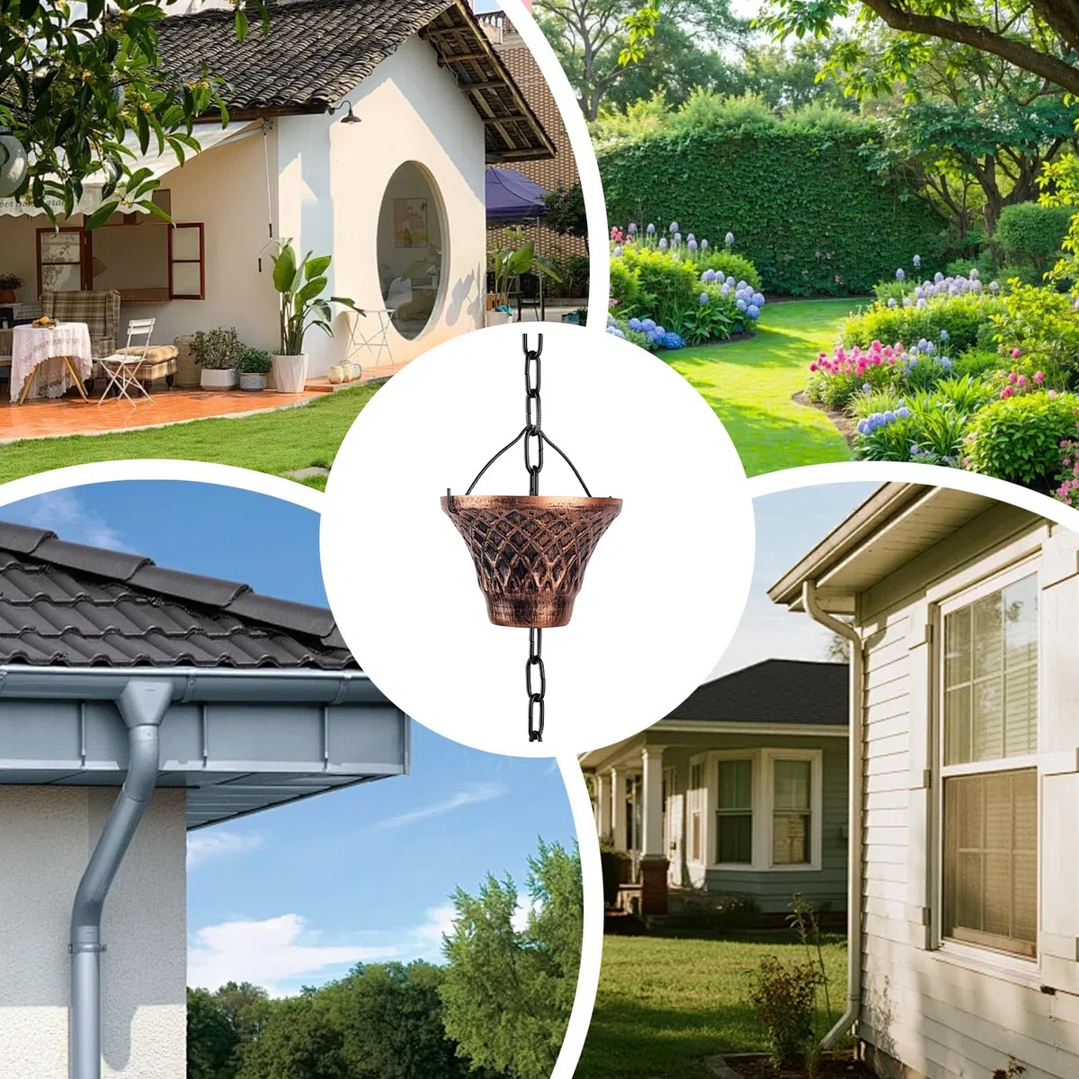 Genérico Cadenas De Lluvia para Canalones | Tubo De Desagüe Decorativo De Cobre 2.7 Metros,Cadena De Lluvia Decorativa con 12 Tazas | para Casa Jardín Exterior Pérgola Techo Toldo
