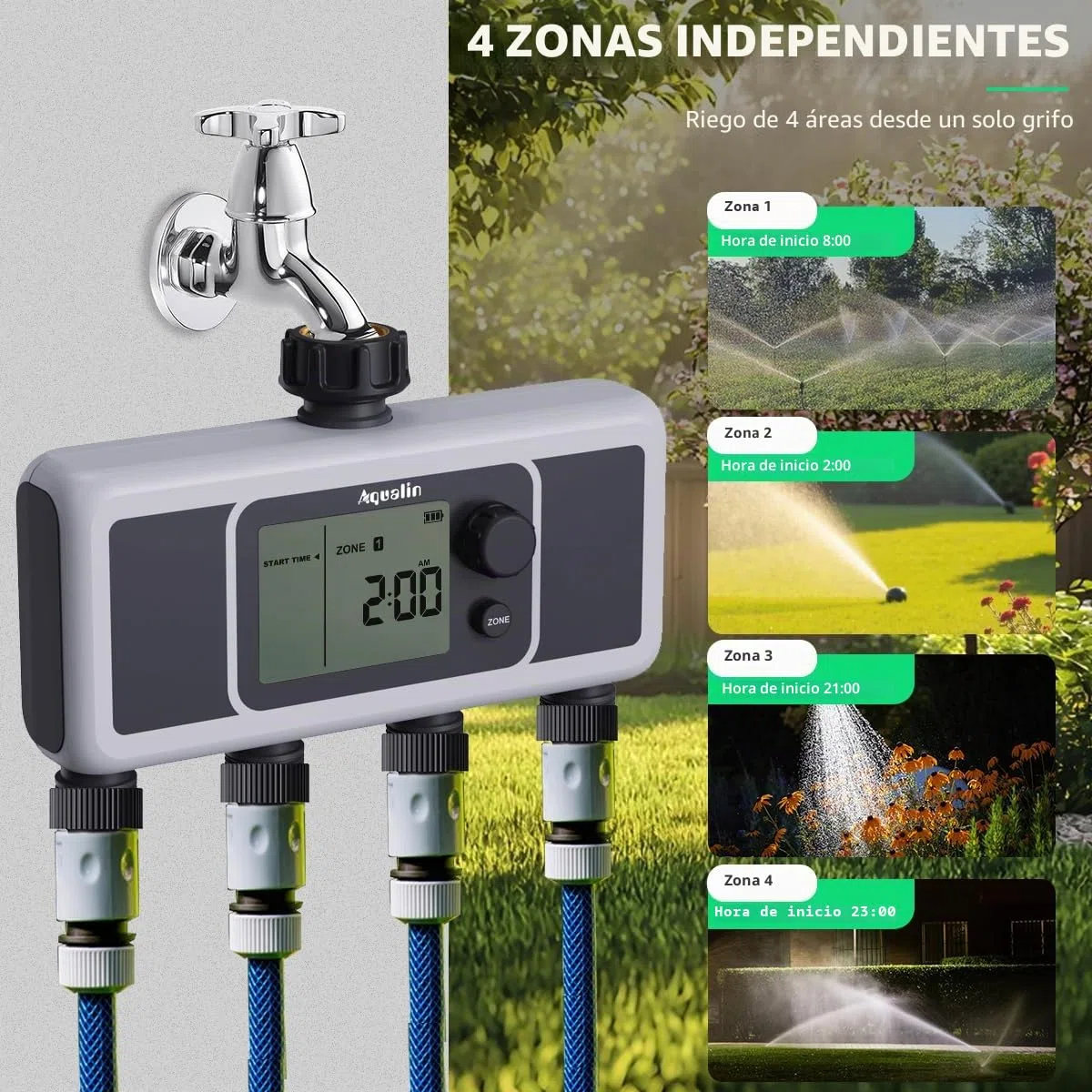 Temporizador de Agua de 4 Salidas, Temporizador automático de riego de Manguera de riego de 4 Zonas, Controlador programable de Sistemas de riego de jardín