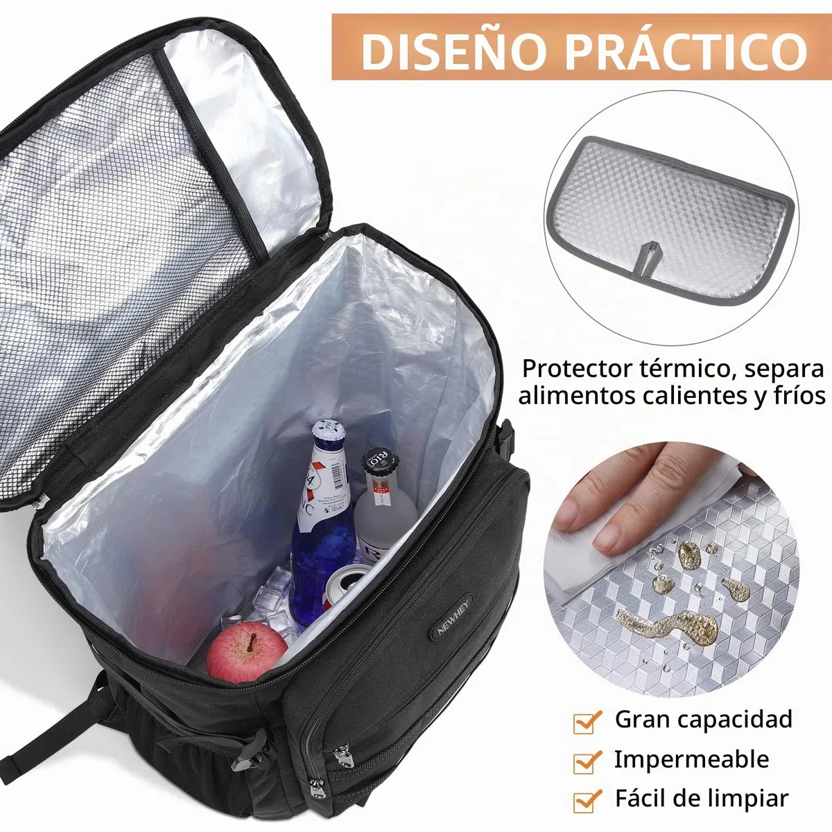 NEWHEY 30L Mochila Nevera Impermeable Mochila de Refrigeración Bolsa Térmica Aislada Grandes Alimentos Mochilas de Picnic Almuerzo Ligera Acampar Barbacoa Senderismo Negro