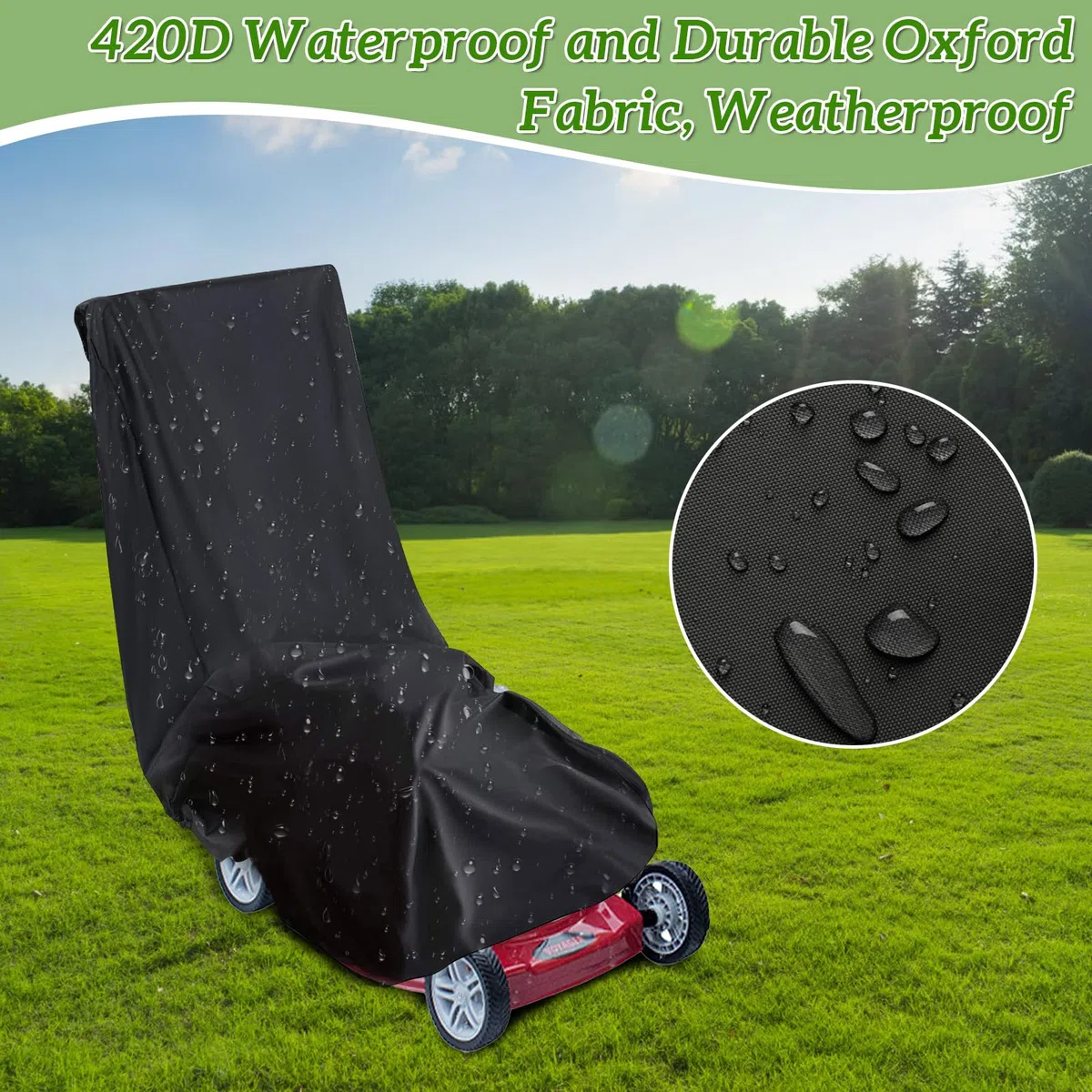 Cubierta para cortacésped para exterior impermeable 420D, 195 x 112 x 66 cm, cubierta impermeable para cortacésped, funda Oxford con cordón y bolsa de almacenamiento