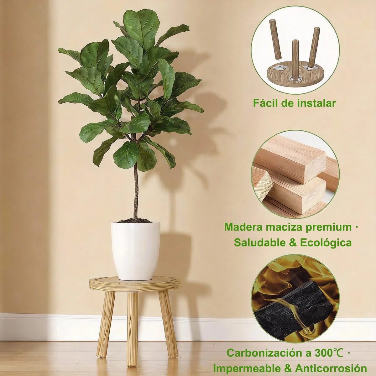FUSHITON 3 Banquitos para Plantas Redondos de Interior, Juego en Marrón Claro, Mesa Jardinería & Soporte Esquina, Estante Alto para Dormitorio, Oficina