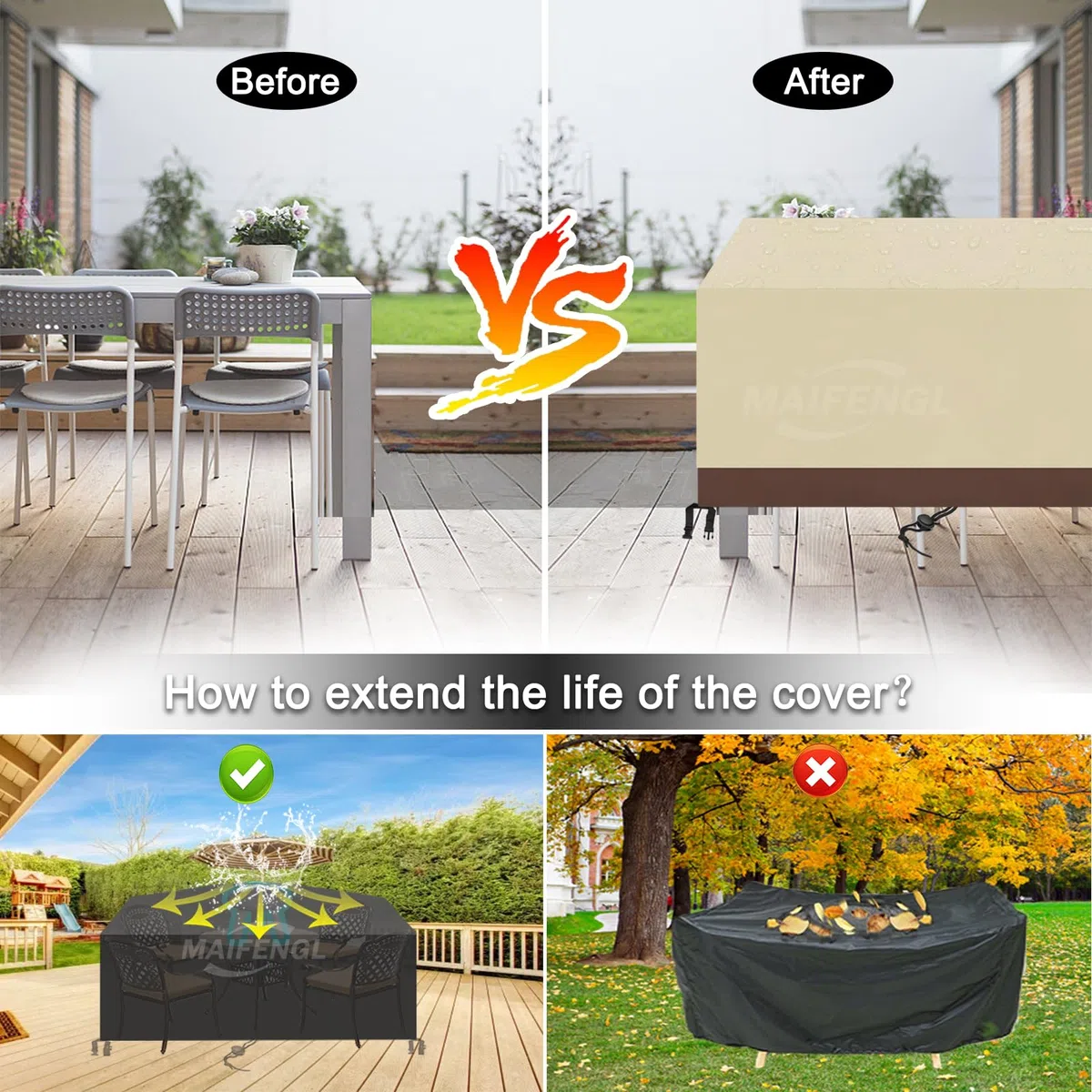 Fundas para Muebles de Jardín, Impermeable Anti-UV Cubierta Mesa Exterior 420D Oxford Rectangular Funda Protección para Muebles-BeigeBrown||160x95x75cm/63x37x30in