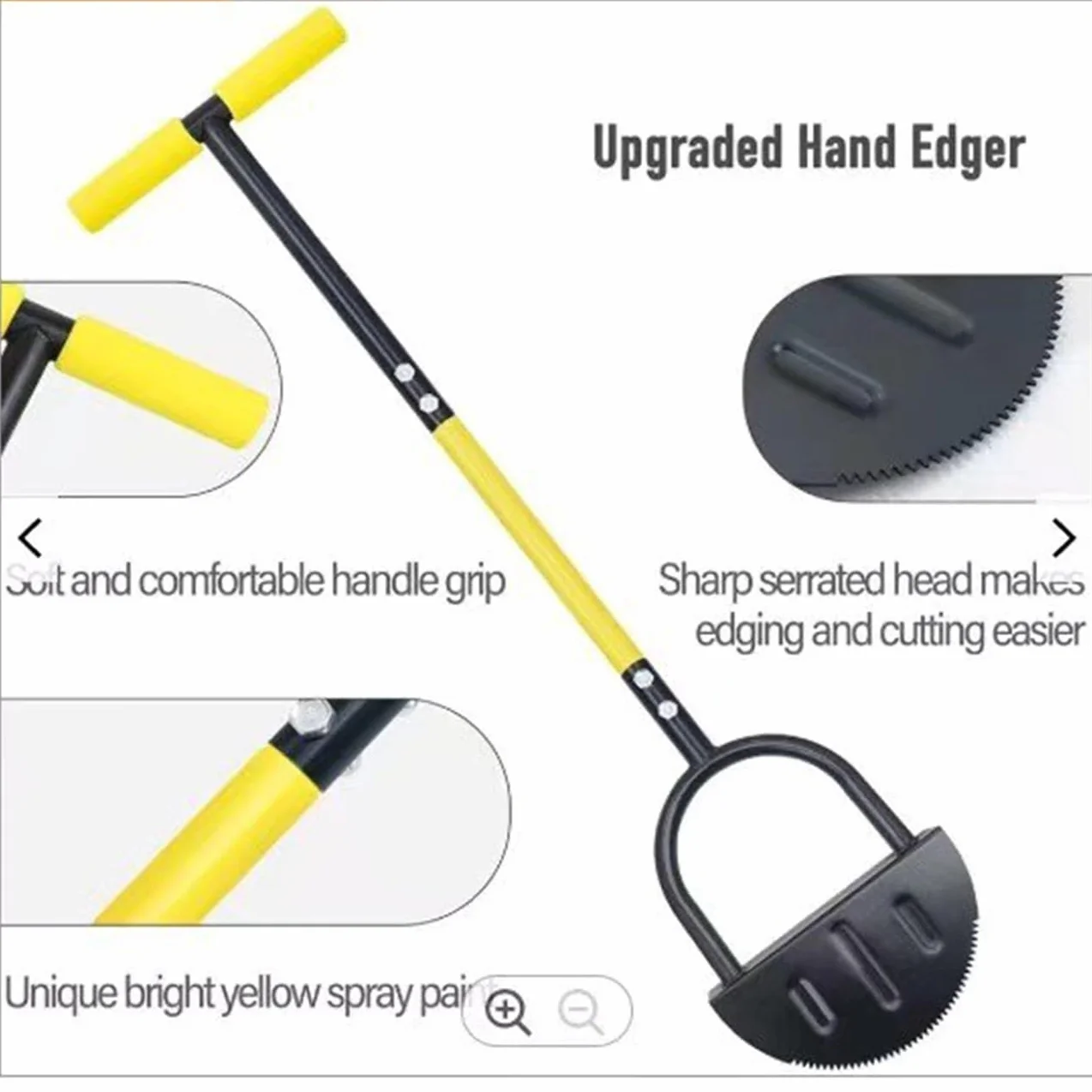 Herramienta de bordes de césped de 96,5 cm, con dientes de sierra, agarre en T, cortadora de césped de media luna, cuchillo de borde de mango largo para bordes de césped
