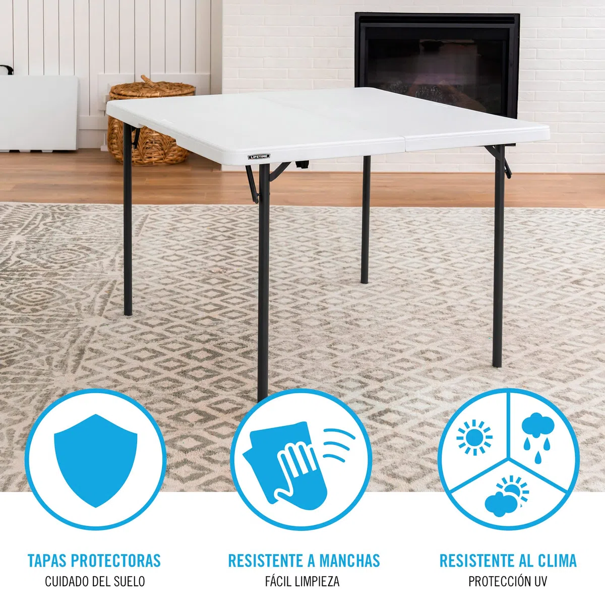 LIFETIME 92117 - Mesa plegable portátil cuadrada resistente, medidas 93.9 x 93.9 x 73.6 cm, duradera, resistente y ligera, incluye asa para transportar, para 4 personas, soporta hasta 181 kg