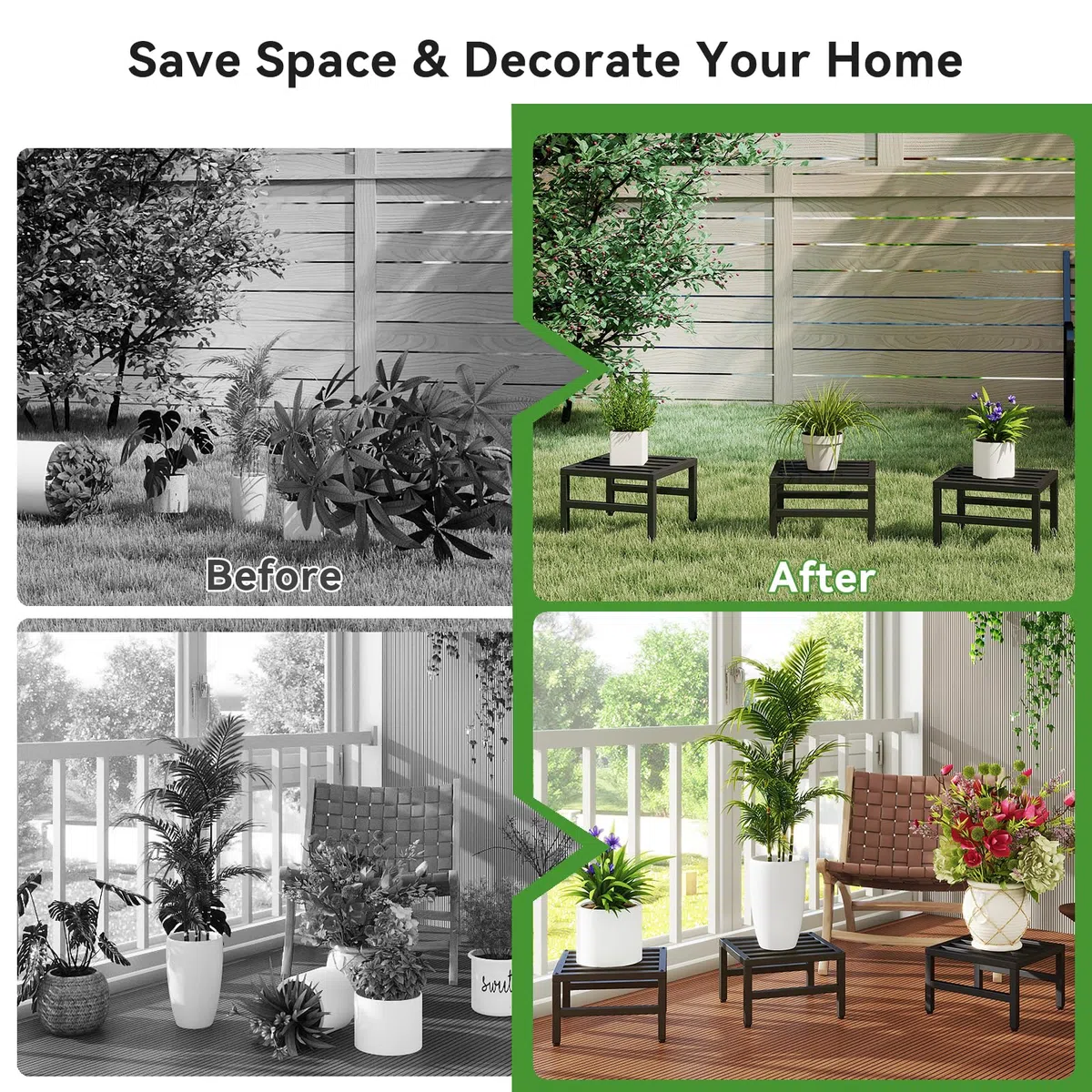 IBUYKE 3 Piezas de Soporte Metálico para Plantas de Interior y Exterior, 30cm Soporte para Macetas Pequeñas, Estante Moderno Cuadrado para Plantas y Flores para Salón Balcón Jardín, Negro TMJ075B-3
