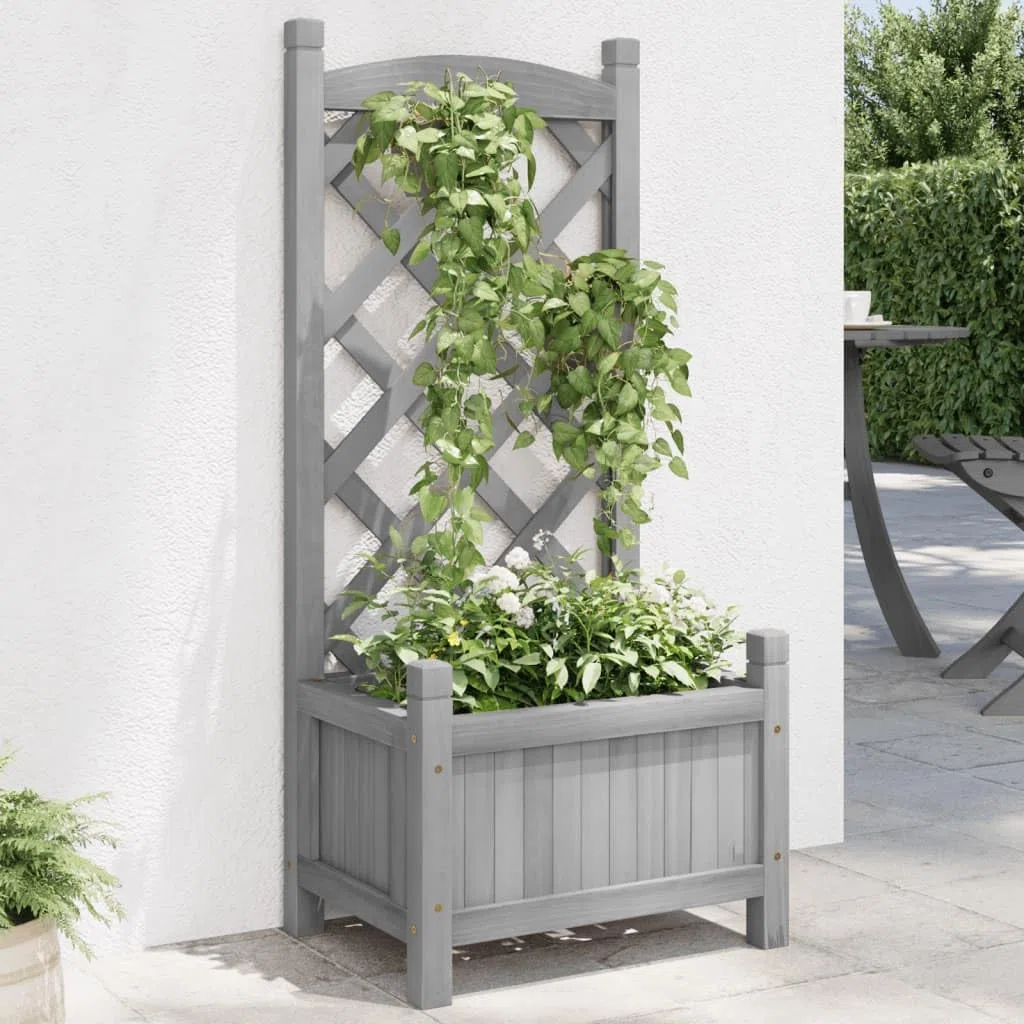 vidaXL Jardinera con Enrejado, Macetero para Plantas Trepadoras, Maceta para Flores, Arriate para Jardín Balcón, Madera Maciza de Abeto Gris