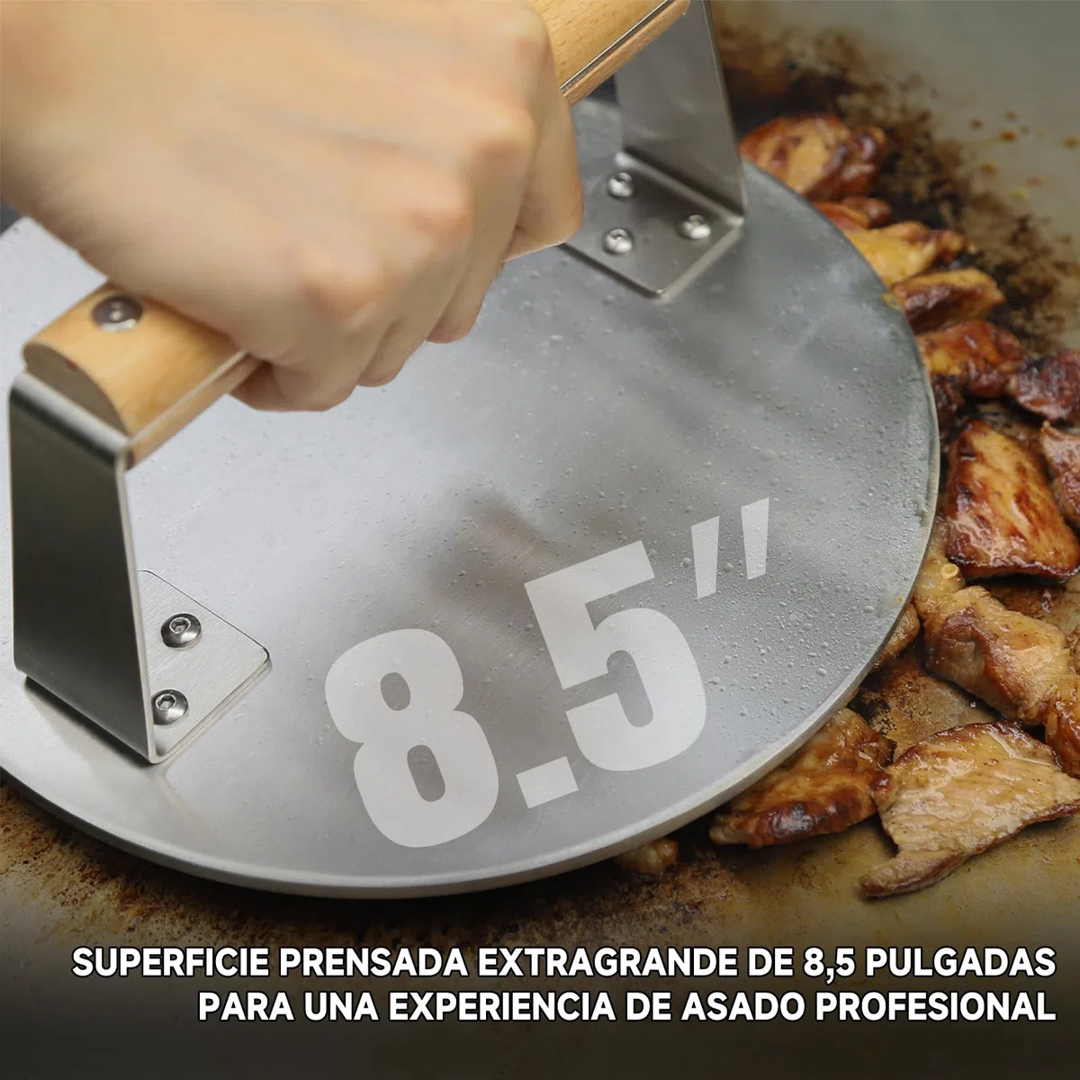 SKY FISH Prensa de hamburguesas Smash de acero inoxidable, 1650 g, prensa de parrilla de tocino y hamburguesas de alta resistencia con mango de madera, herramienta de prensa de barbacoa de 8.5