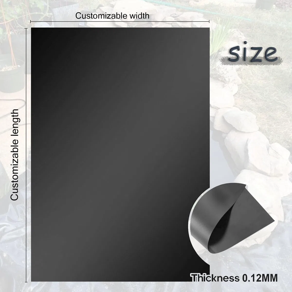Revestimiento for estanque, lona flexible negra resistente for exteriores, for peces, koi y jardín acuático. Membrana impermeable de 4 x 6 m, 7 x 8 m y 8 x 10 m, lámina de plástico de polietileno.(5x7