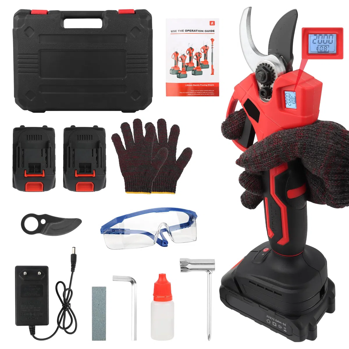 Tijeras eléctricas de jardín con batería de 2000 mAh, motor sin escobillas, bypass y contador LED para mujeres y hombres