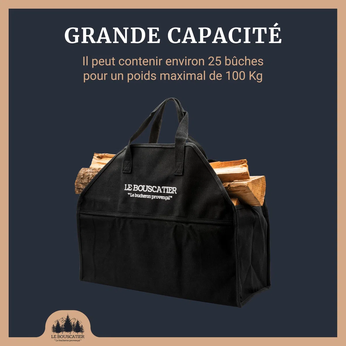 Le Bouscatier - Bolsa para leña de 30 o 50 cm. Cesta de leña para estufa y chimenea de leña, SAB01
