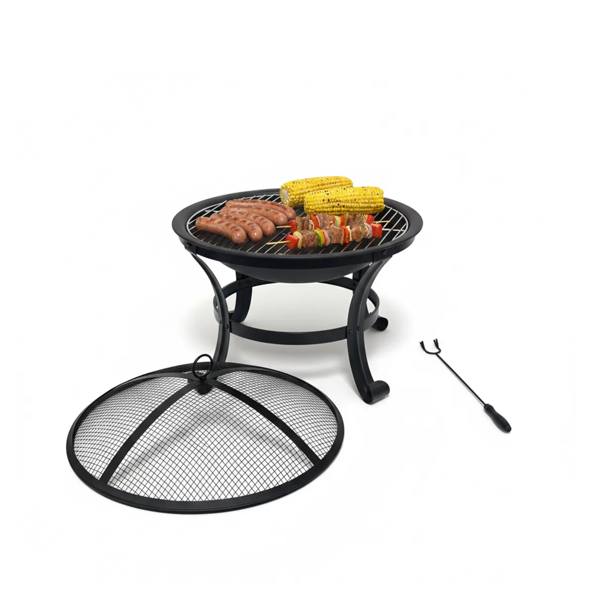 Relaxdays Brasero de Acero 55 cm con Parrilla, Protector de chispas y atizador, Negro, para jardín