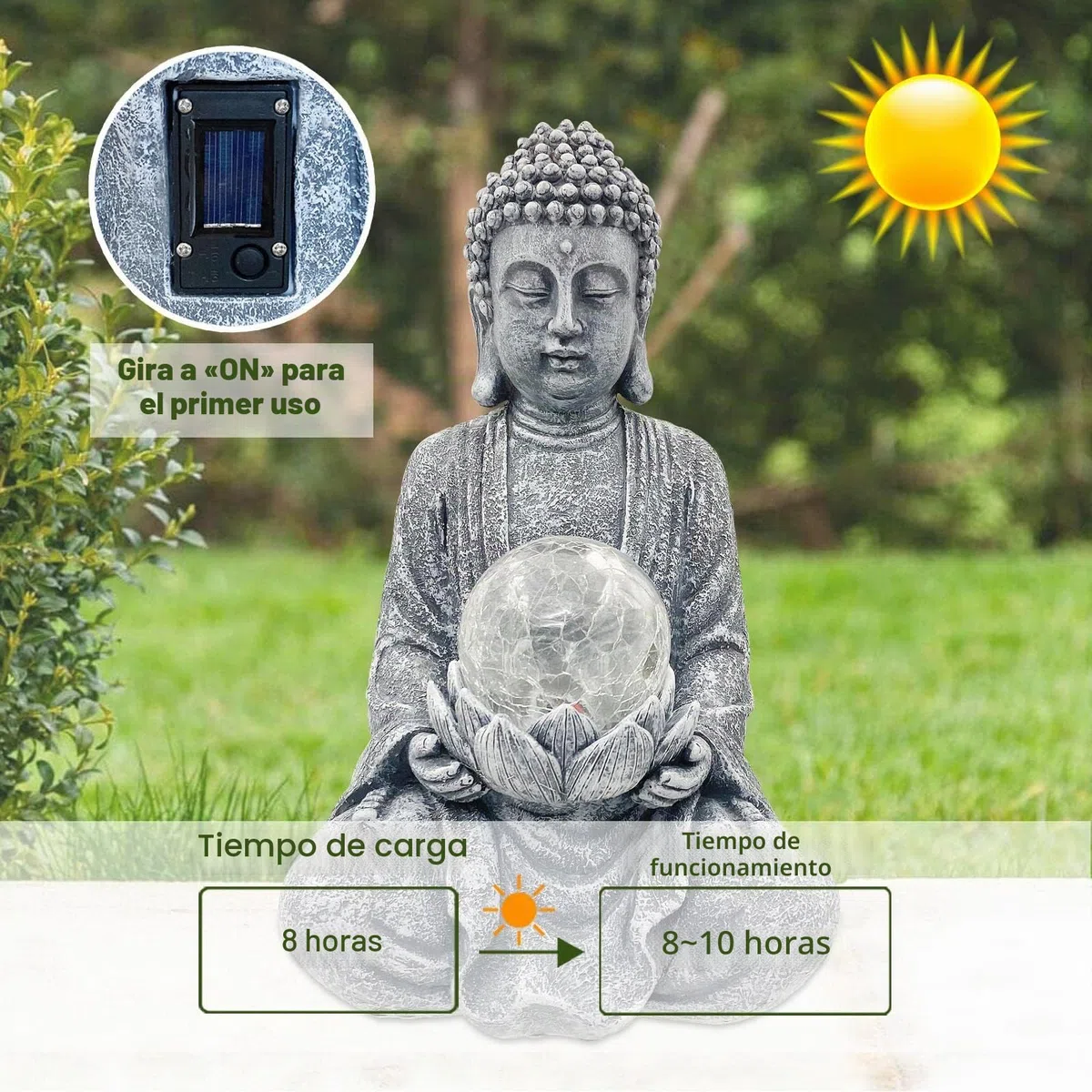 Yeomoo Figura de Buda de meditación para exteriores, decoración de jardín Zen Buda grande con lámpara solar, bola de cristal, figuras de regalo para mamá/mujeres, decoración japonesa para balcón