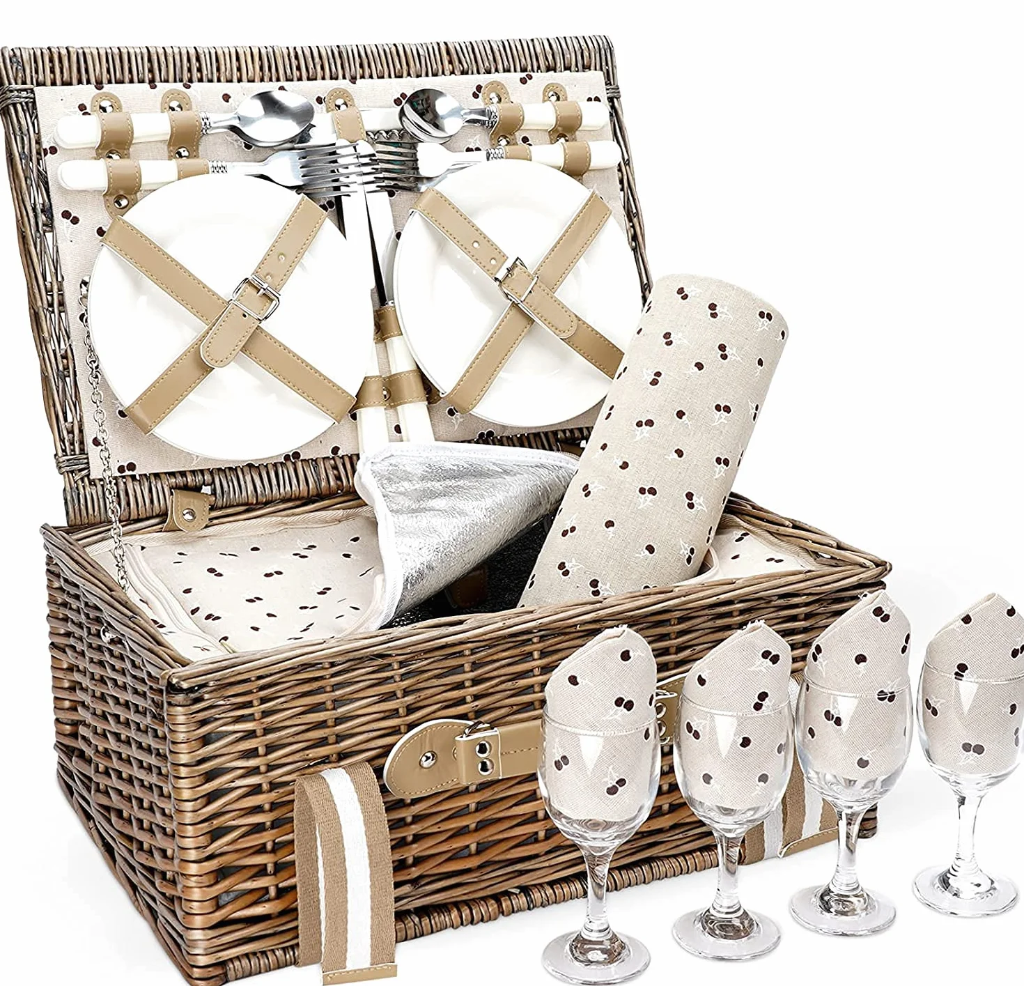 Juego de Cesta de Picnic Willow para 4 Personas con Bolsa térmica Grande y Manta Impermeable de Picnic, Cesta de Mimbre para Camping, al Aire Libre, día de San Valentín, Navidad, cumpleaños, etc.