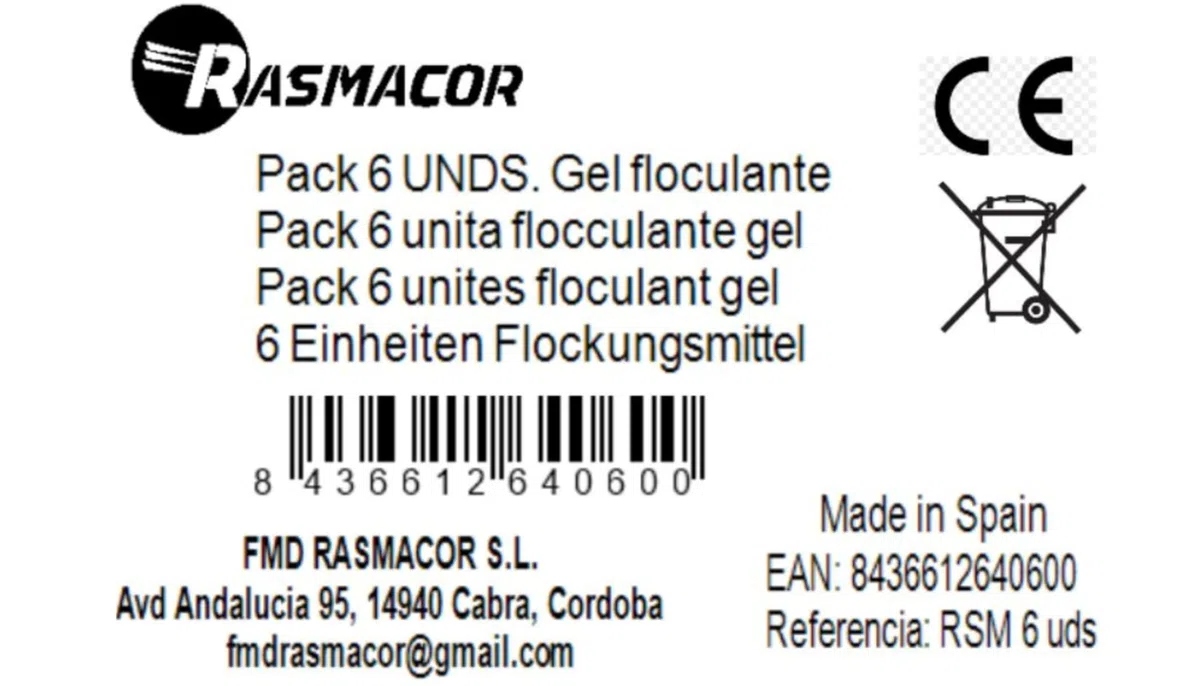 RASMACOR Pack 6 Unidades Floculante Gel monodosis | Gel para Piscina | Limpiador y clarificador de Agua para Piscinas | Transparencia Total del Agua | Distribuido