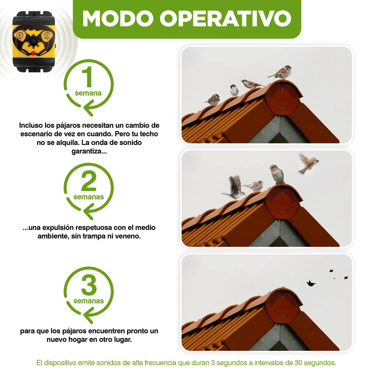 ISOTRONIC Repelente de Aves con luz y ultrasonido – Ahuyentador de Aves a Pilas para ahuyentar pájaros y Palomas – Repelente de Palomas para balcón y jardín – Alcance Efectivo de 40 m² (1 Unidad)