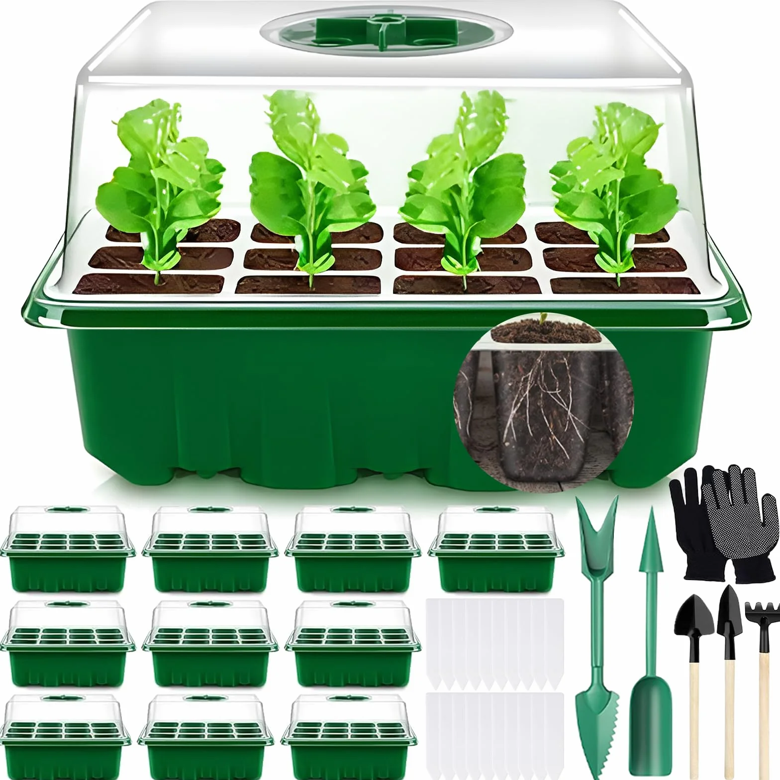 MOYKSRR 10Pcs 120 Agujeros Bandejas Semilleros de Germinacion, Bandejas Semilleros, Mini Invernadero, Plántulas Bandejas de Arranque Invernadero Bandeja de Cultivo con Domo de Humedad Ajustable