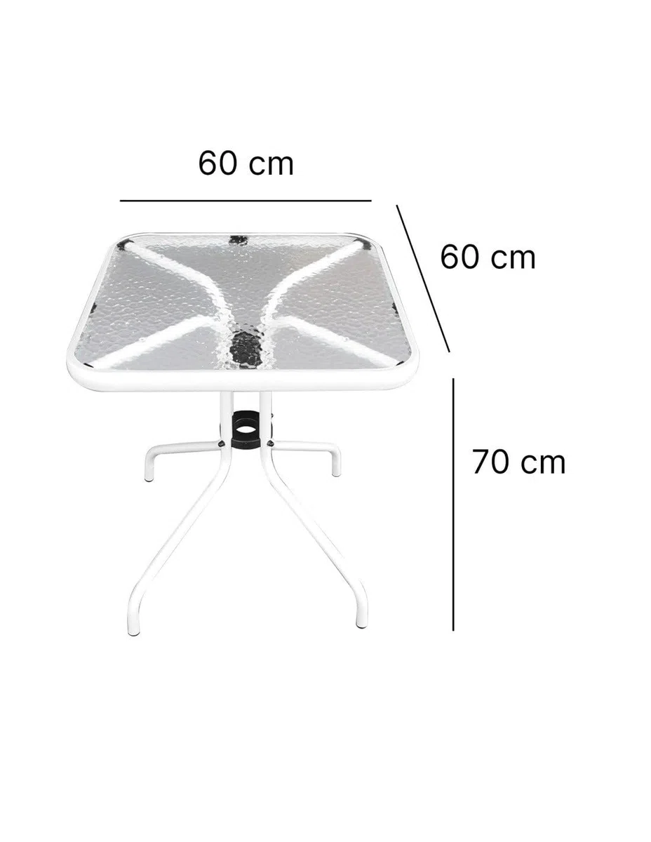 Jardin202 - Mesa de Cristal 60x60x70 cm Cuadrada con Base Metálica Resistente - Ideal para Terraza, Jardín o Balcón | (Blanco)